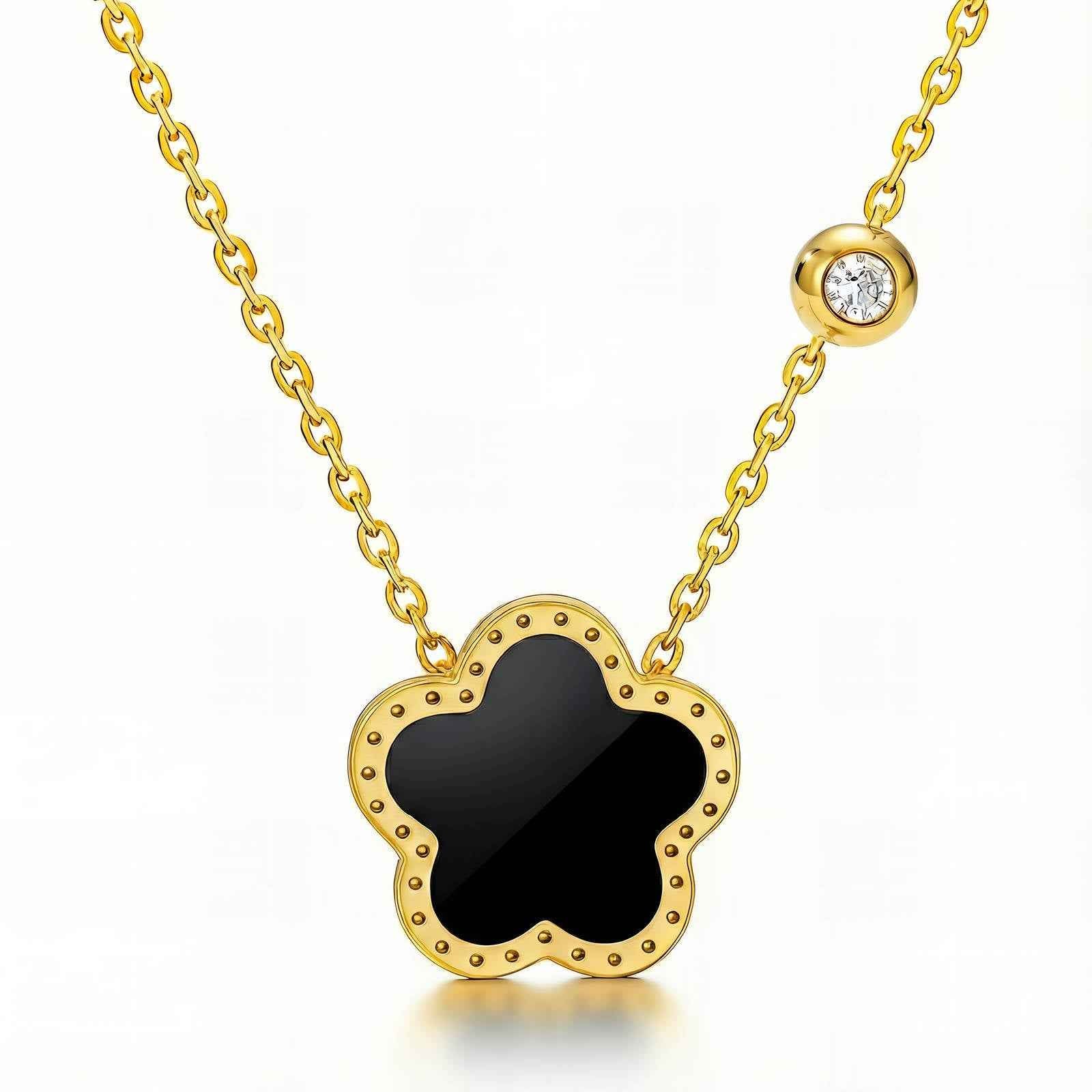 Black Flower Gold Plated Stainless Steel Necklace