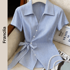 Franclia French Blue & White Striped Tie-Waist Blouse for Women