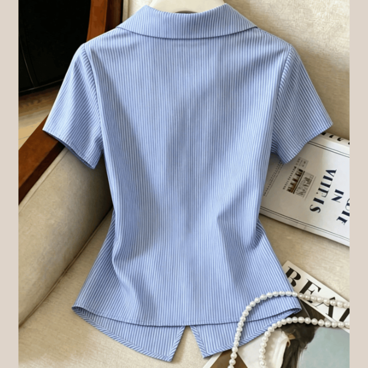 Franclia French Blue & White Striped Tie-Waist Blouse for Women