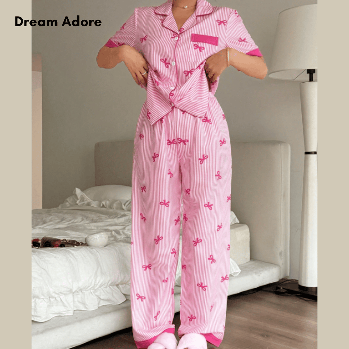 Dream Adore Pink Striped Bow Print Pajama Set for Women
