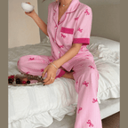 Dream Adore Pink Striped Bow Print Pajama Set for Women