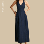 Poéselle Backless Halter Denim Dress