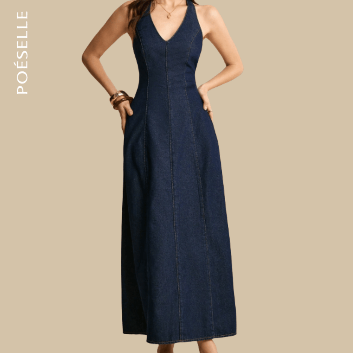 Poéselle Backless Halter Denim Dress