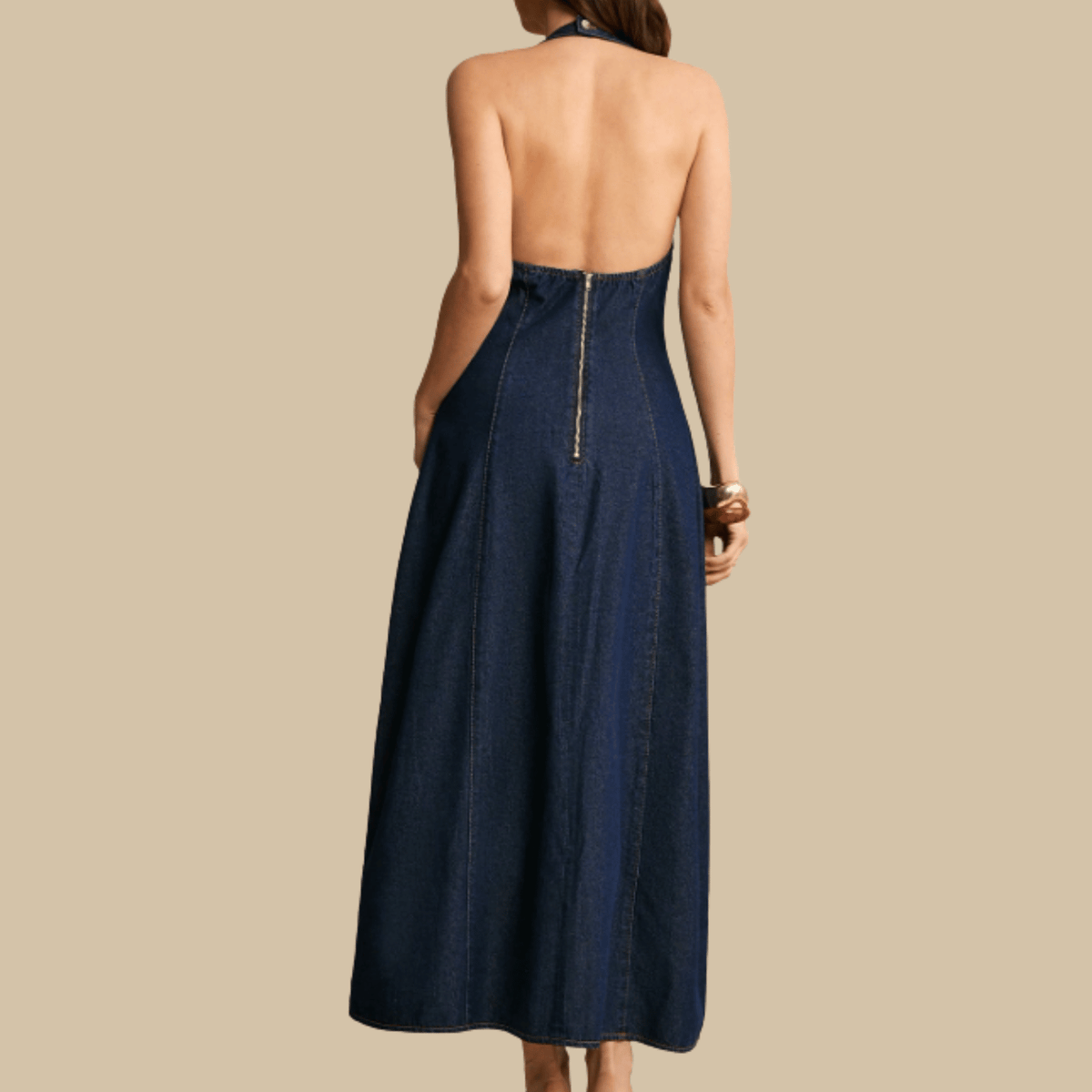 Poéselle Backless Halter Denim Dress