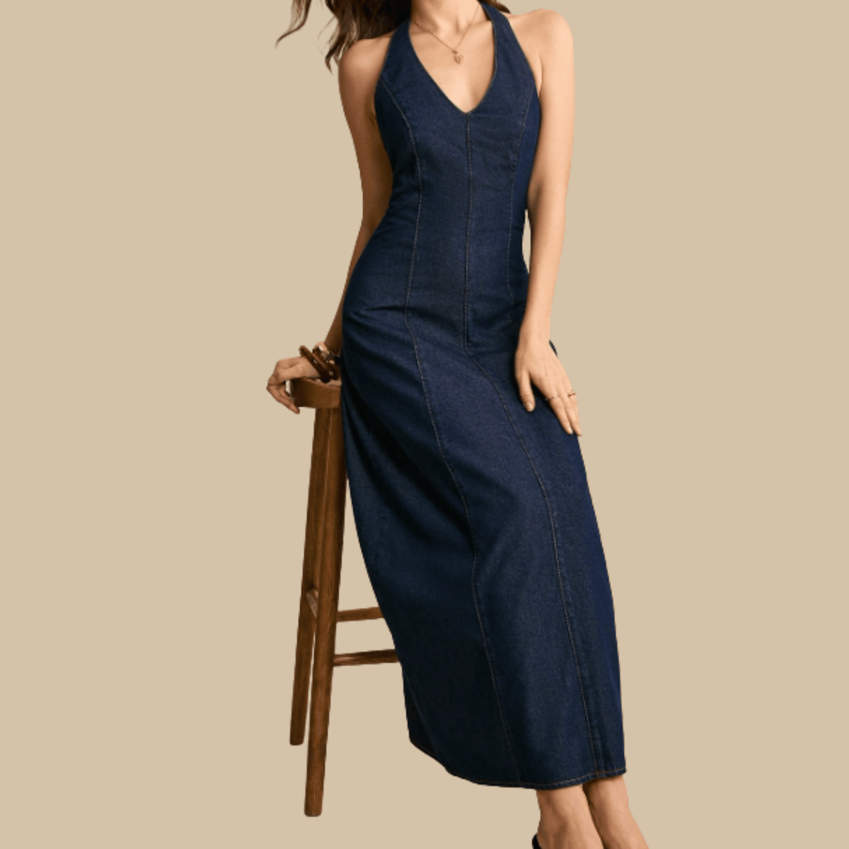 Poéselle Backless Halter Denim Dress