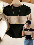 Franclia Women's Contrast Color Elegant Round Neck Short Sleeve Casual Knit T-Shirt, Ladies' Outdoor Top, Ladies' Commuting, Office Casual Top, Black Top, Ladies' Elegant Top, Summer Top