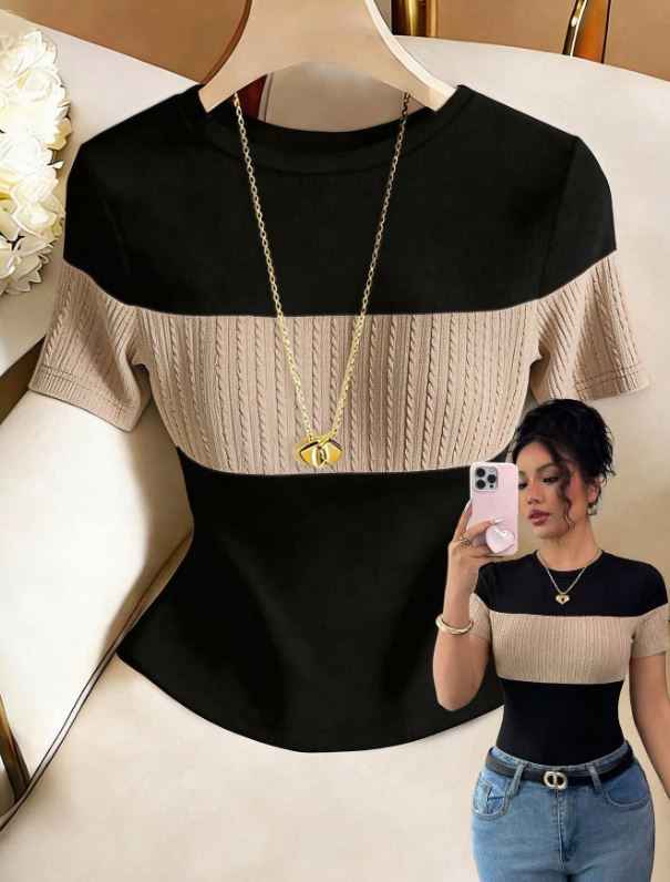 Franclia Women's Contrast Color Elegant Round Neck Short Sleeve Casual Knit T-Shirt, Ladies' Outdoor Top, Ladies' Commuting, Office Casual Top, Black Top, Ladies' Elegant Top, Summer Top