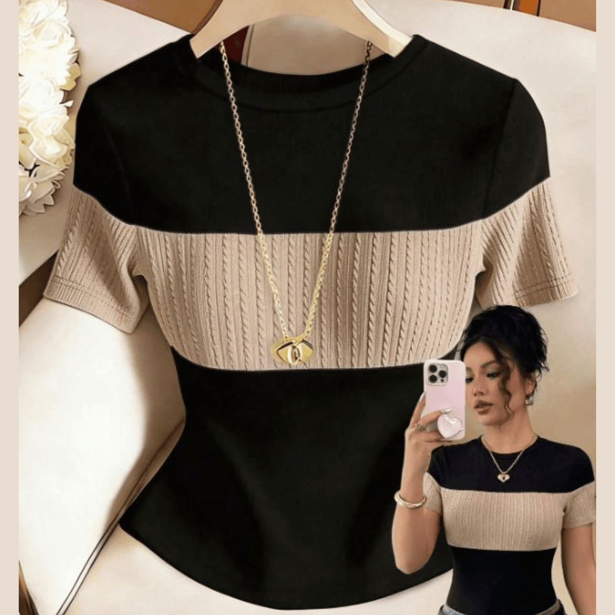 Franclia Elegant Contrast Color Knit T-Shirt for Women