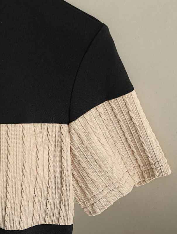 Franclia Women's Contrast Color Elegant Round Neck Short Sleeve Casual Knit T-Shirt, Ladies' Outdoor Top, Ladies' Commuting, Office Casual Top, Black Top, Ladies' Elegant Top, Summer Top