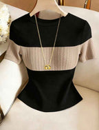 Franclia Women's Contrast Color Elegant Round Neck Short Sleeve Casual Knit T-Shirt, Ladies' Outdoor Top, Ladies' Commuting, Office Casual Top, Black Top, Ladies' Elegant Top, Summer Top